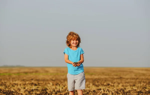 ほとんどの農家は新鮮な腐植質の品質をチェックします 土壌と地面の概念 畑で働く子供農家 — ストック写真