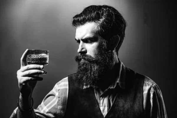 Sad Man Depression Looking Camera Drunk Man Holding Whisky Glass — Stock Photo, Image
