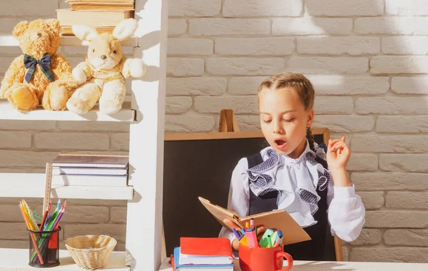 Serieus Grappig Schoolmeisje Dat Een Boek Leest Klas School Hij — Stockfoto