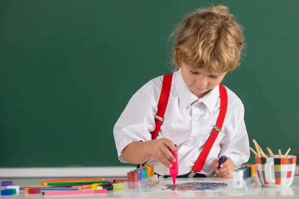 Child Boy Drawing Cute Draw Using Colored Pencils School Kindergarten — Fotografia de Stock