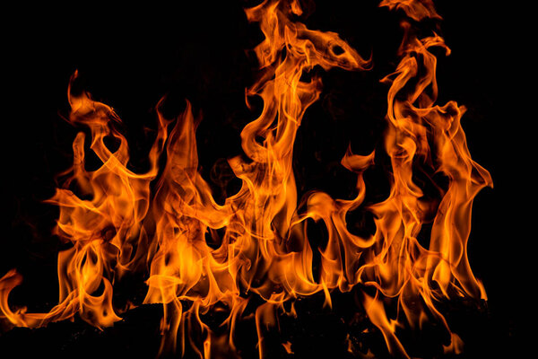 Огонь пылает пламенем на черном фоне. Огонь горит пламенем изолированной, абстрактной текстурой. Эффект пылающего взрыва с горящим огнем