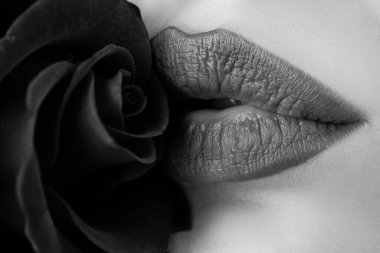 Moda kırmızısı parlak makyajlı kadın dudakları. Dudakları rujla yakın plan. Güllü güzel kadın dudakları