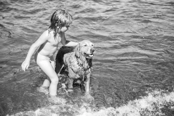 Niño Jugando Con Perro Agua Mar Playa — Foto de Stock
