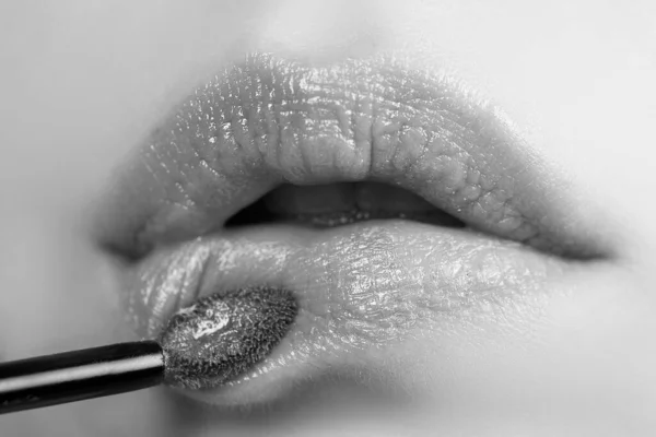 Lips Lipstick Closeup Applying Makeup Lip Pampering Lips Correction Concept — Stock Photo, Image