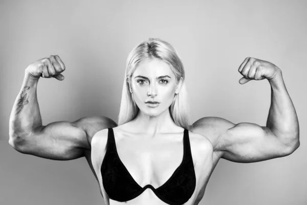 Female Model Keeps Fit Healthy Raises Hands Shows Muscles Power — Stock Photo, Image