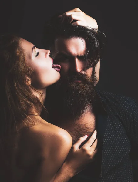 Woman Licks Man Kissing Sexy Couple Embrace Valentines Day Kiss — Stock Photo, Image