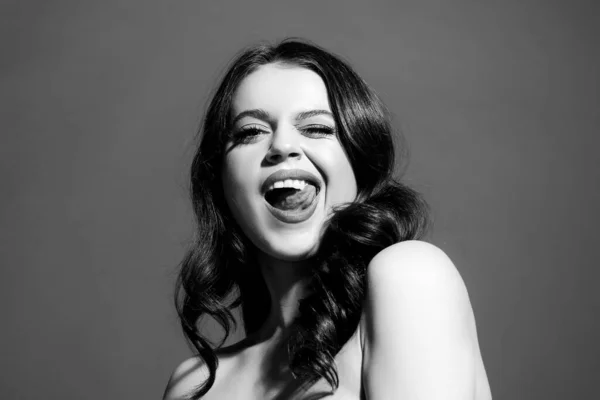 Beauty Woman Face Portrait Studio Beautiful Girl Tongue Licking Lips — Stock Photo, Image