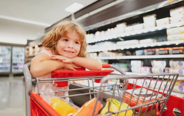 Ребенок Продуктовом Супермаркете Товарами Тележке Детский Покупатель Продуктами — стоковое фото