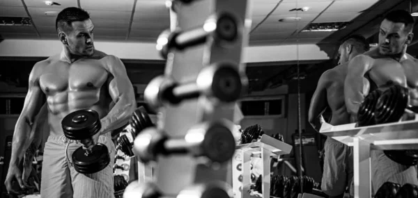 Gimnasio Ejercicios Con Pesas Entrenamiento Deportista Varón Deportivo Con Torso —  Fotos de Stock