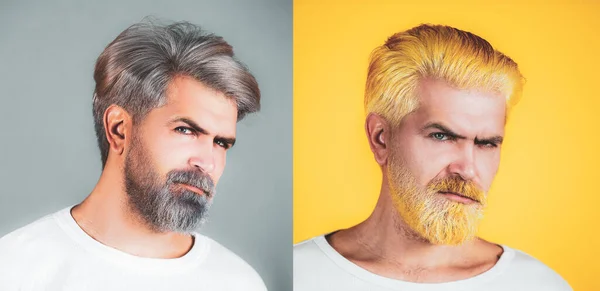 Hair style hair stylist. Advertising and barber shop concept. Set of mans portrait. Set of handsome man for barbershop, salon, vintage.