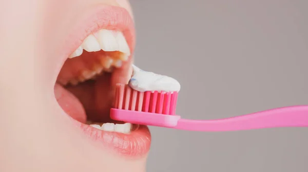 Brushing Teeth Close Woman Toothbrush Closeup Dental Care — Stock Photo, Image