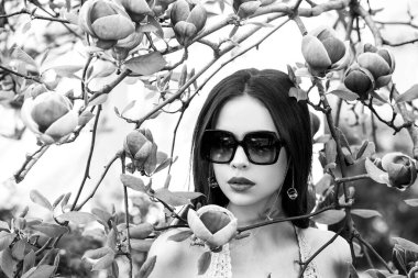 Güneş gözlüklü güzellik modeli portresi. Manolya çiçekleri üzerinde poz veren Bahar Modeli Kadın