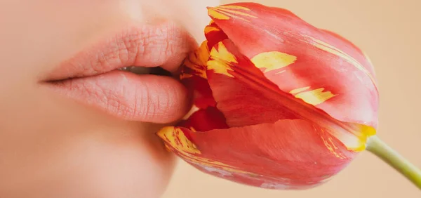 天然口紅の女性の唇 官能的な女性の口 リップは光沢のあるリップグロス 若い女性の魅惑的な唇 — ストック写真