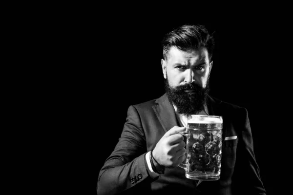 Portrait Serious Bearded Hipster Man Holds Craft Beer Isoalted Black — Stock Photo, Image