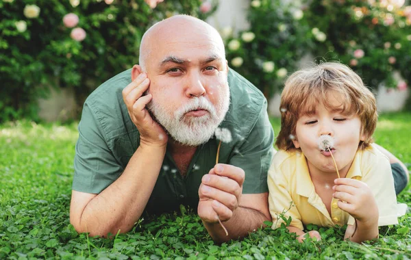 Avô Neto Felizes Relaxando Juntos Verão Família Férias Ativas Rapaz — Fotografia de Stock