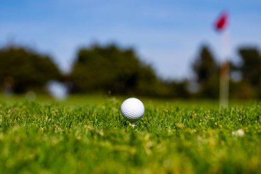 Yeşil çimlerin üzerinde golf topu. Akşam golf sahasında golf topu ve Tayland 'da güneş ışığı.