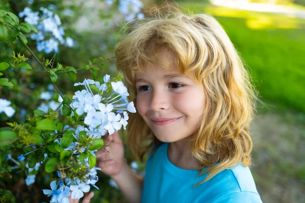 Kültéri Kisgyerekportré Réten Aranyos Kölyök Virágokkal Kertben Gyerekek Szabadban Játszanak — Stock Fotó