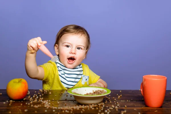Bebé Comiendo Comida Chico Divertido Con Plato Cuchara — Foto de Stock