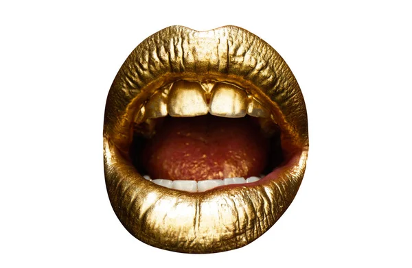 Boca Aberta Perto Ouro Lábios Dourados Femininos Sensuais Lábios Sensuais — Fotografia de Stock