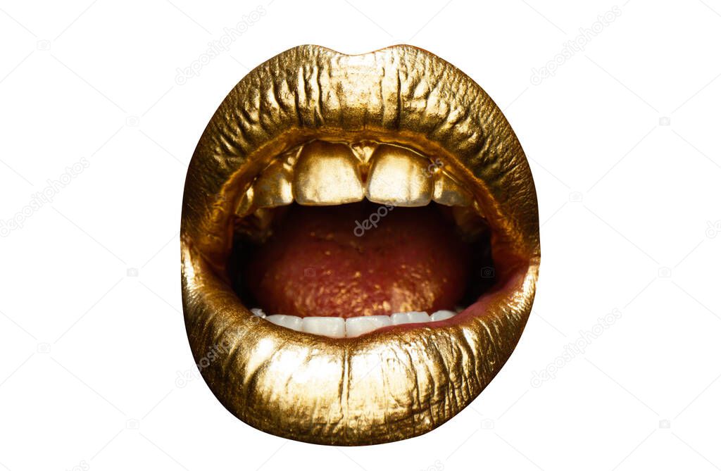 Open mouth, close up. Gold, sexy female golden lips. Sensual lips, sexy mouth. Isolated on white background