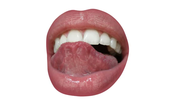 Κόκκινα Χείλη Σέξι Γυναίκες Ανοίγουν Στόμα Γλείφουν Γλώσσα Προεξέχουν Αισθησιακό — Φωτογραφία Αρχείου