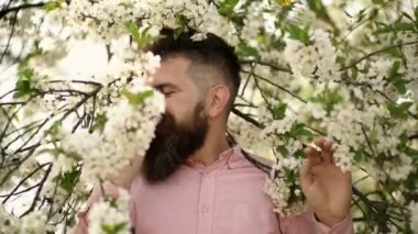 Floş kokan bir adam. Sakallı, şık bıyıklı ve sakallı adam yüzünde bahar çiçeklerinin tadını çıkar.