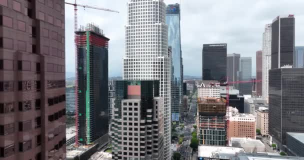 Wolkenkrabbers Van Los Angeles Centrum Vliegen Drone Vanuit Lucht Gezien — Stockvideo