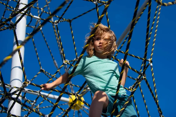 Portrait Cute Boy Child Doing Rock Climbing Playbackground Kids Rope — Stock Photo, Image