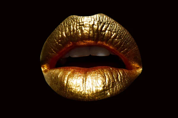 Gouden Lippen Met Gouden Lippenstift Geïsoleerde Achtergrond Sensuele Meisje Vrouw — Stockfoto