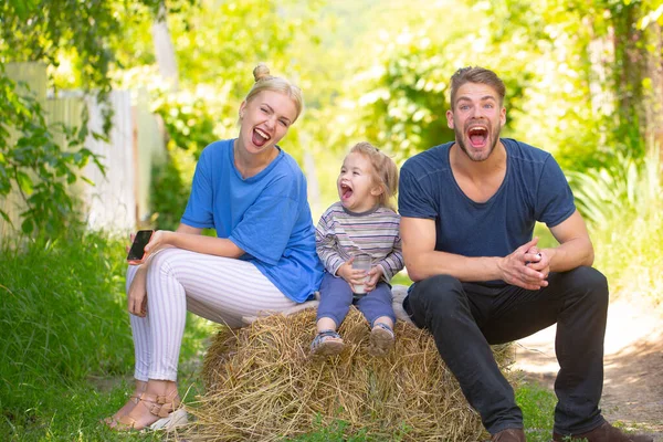 Happy Young Family Three Having Fun Together Launching Cheerful Funny — Stock Photo, Image