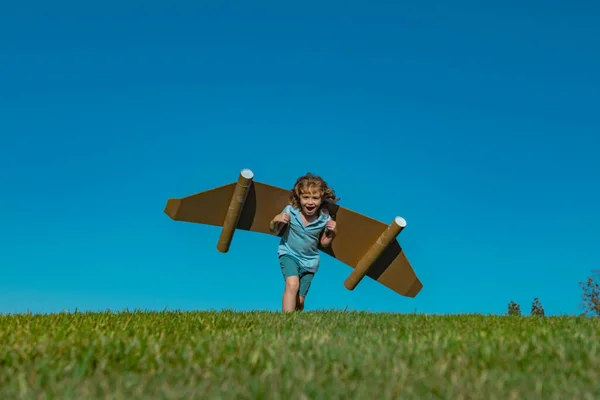 おもちゃのジェットパック屋外の子供 段ボールの翼を持つ緑の春のフィールドで遊ぶ子供 春の旅行と冒険 子供たちの成功とリーダー スタートアップコンセプト — ストック写真