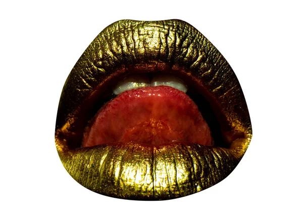 Gold Lips Gold Paint Mouth Golden Lips Woman Mouth Sensual — Stock Photo, Image