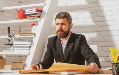 Masada çalışan öğretmen. Düşünen erkek öğretmen, profesör, öğretmen, akıl hocası portresi