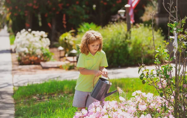 Amerikanska Barn Barndom Barnvattning Blommor Trädgården Trädgårdsskötsel — Stockfoto