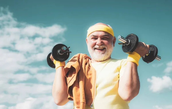 Happy Senior Man Dumbbell Looking Camera Grandfather Exercising Dumbbell Sport — 스톡 사진