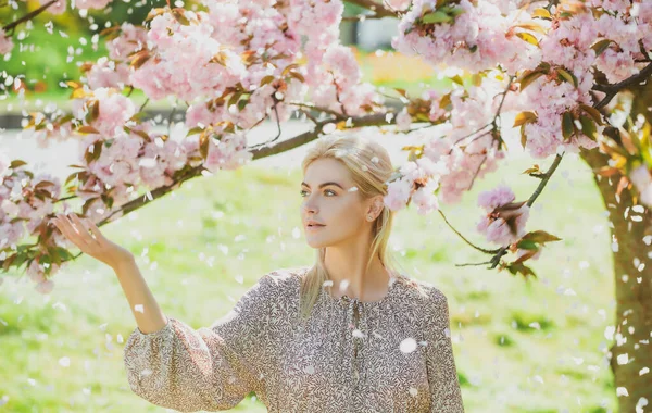 Ragazze Primaverili Fiore Bella Donna Giardino Fiori Ciliegio Giorno Primavera — Foto Stock