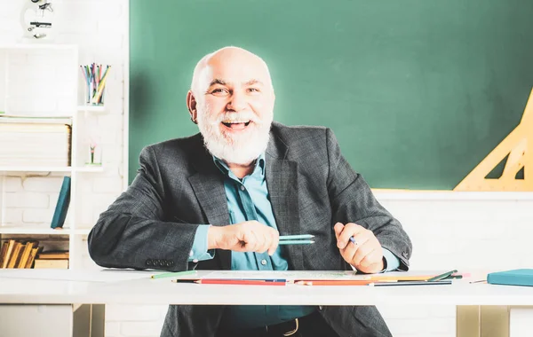 Porträt Eines Oberlehrers Der Schreibtisch Klassenzimmer Sitzt Lehrer Bester Freund — Stockfoto