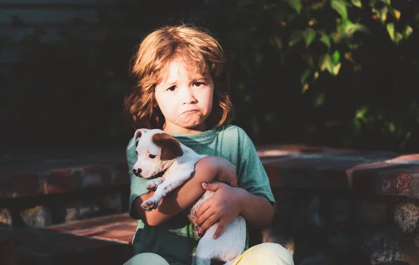 Sad Kids Chihuahua Mixed Dog Kid Lovingly Embraces His Pet — Stock Photo, Image