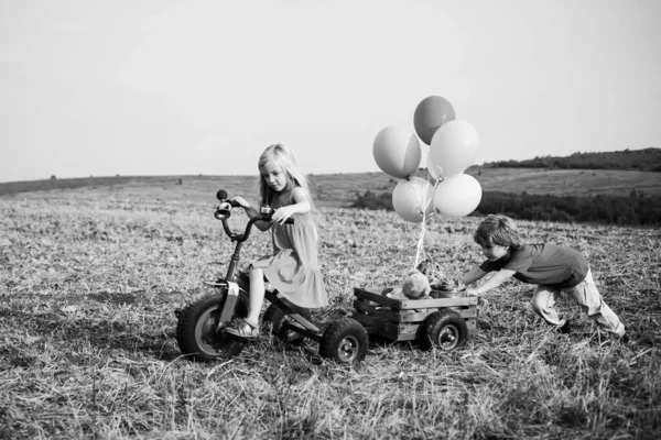友情と支援 春の畑で楽しく自転車に乗っている兄と妹の農家 田舎の背景を持つ農場の子供たちの農家 アメリカの農場生活 — ストック写真