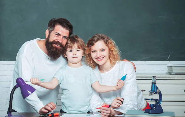 Mother Father Son Together Schooling School Kids First Time School — Stock Photo, Image