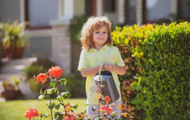 Arka bahçede bitkileri sulayan aktif bir çocuk. Çocuk bahçede bitki ve çiçek yetiştirmeye yardım ediyor.
