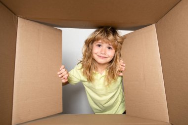Çocuk paketleri açıyor ve karton kutuyu açıyor. Sürpriz bir suratla içeri bakıyor. Paketler ve teslimat