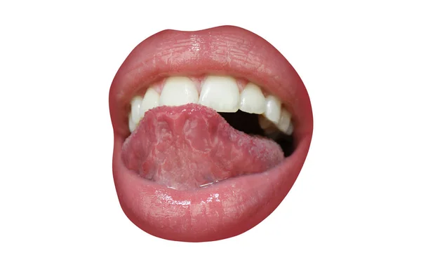 Ανοιγμένο Στόμα Κόκκινα Γυναικεία Χείλη Και Απομονωμένη Εικόνα Γλώσσας Αισθησιακά — Φωτογραφία Αρχείου