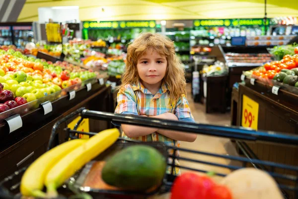 Criança Supermercado Bonito Carrinho Compras Pequeno Menino Sagacidade Escolher Bens — Fotografia de Stock