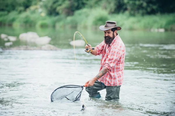 Man Fishing Rod Fisherman Men River Water Outdoor Summer Fishing — Stock Photo, Image