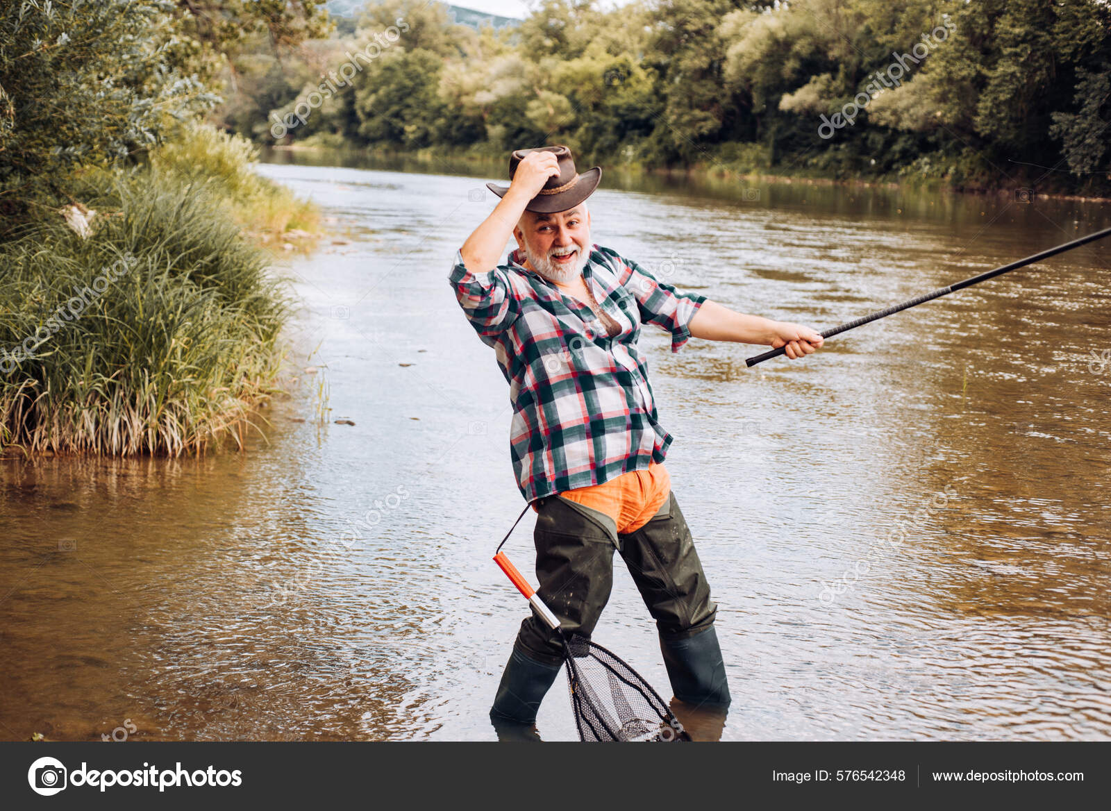 Excited Angler Senior Man Fisherman Cowboy Hat Fishing Rod