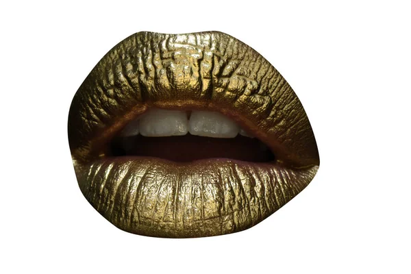 女性の唇の官能的な形態 黄金の輝き効果を持つリップアイコン 官能的な口 黄金の口紅からキスのシンボル 豪華な金の口の中で 白に隔離された — ストック写真