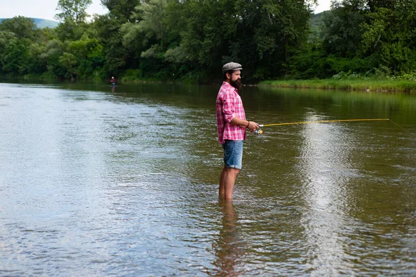 Vissen Hobby Zomer Weekend Baard Mannen Visser Met Hengel Net — Stockfoto