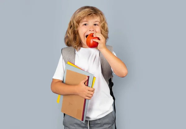 Tillbaka Till Skolan Skolpojke Med Skolväska Hålla Bok Och Copybook — Stockfoto