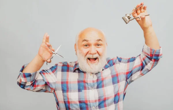 Aufgeregt Friseurschere Und Rasiermesser Haarschneidemaschine Vintage Friseursalon Rasieren Porträt Alter — Stockfoto